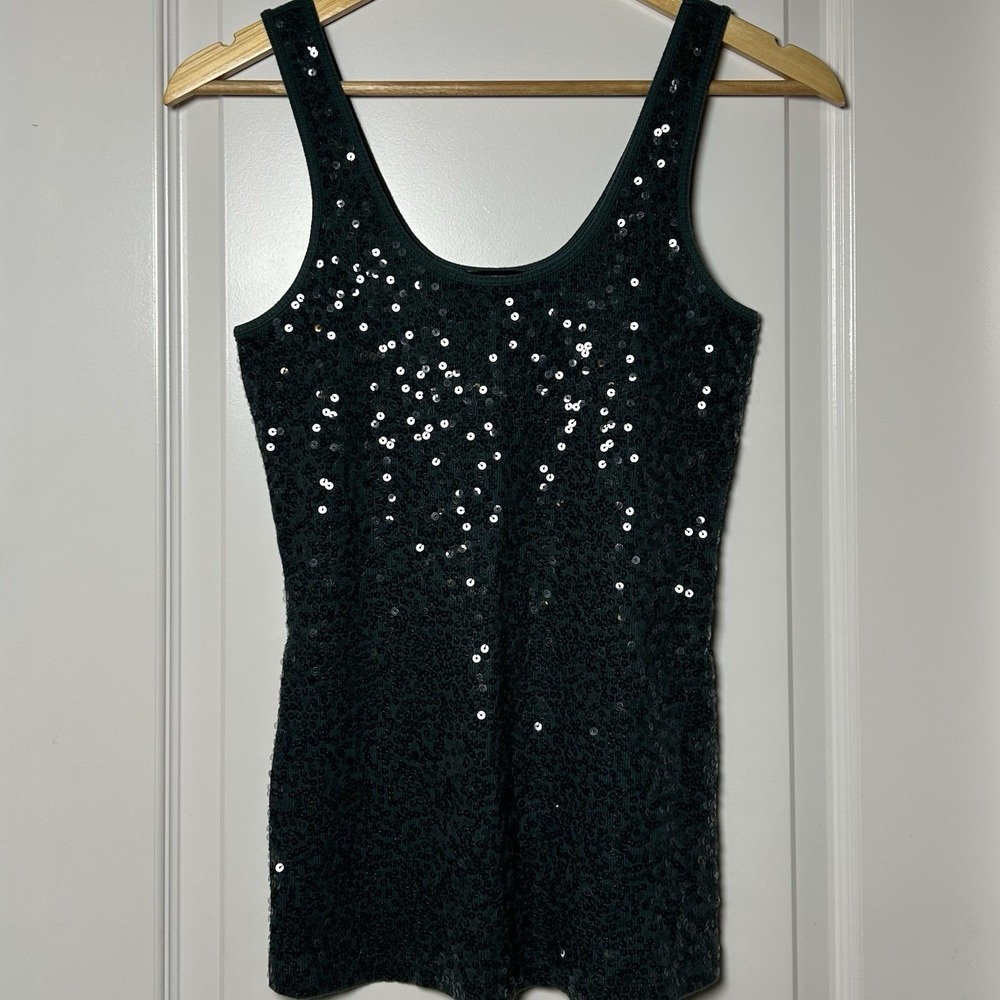 Express‎ Emerald Green Sequin Ribbed Tank Top Y2K Party Dopamine Dressing Style